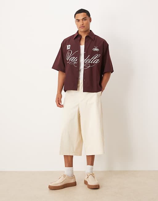 ASOS DESIGN Oversized Shirt With Embroidery In Burgundy