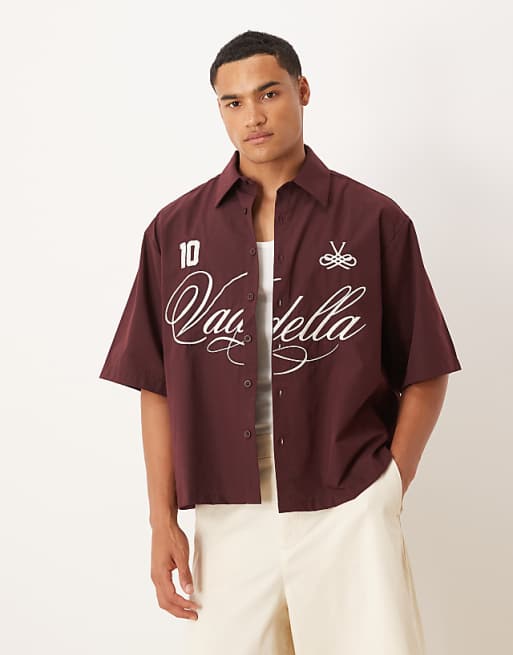ASOS DESIGN oversized shirt with embroidery in burgundy