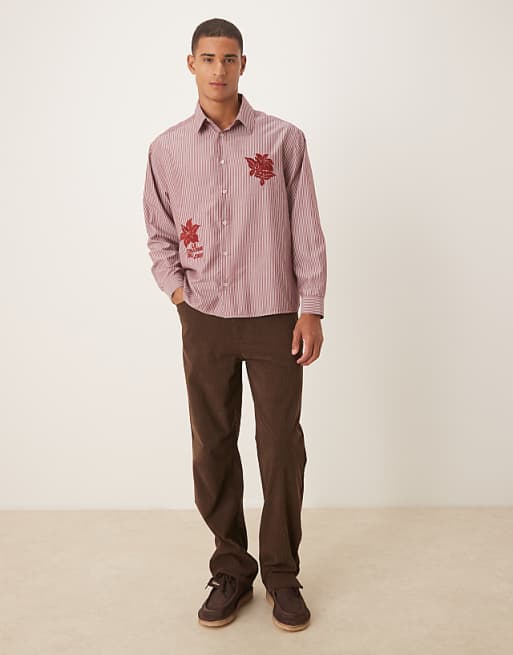 ASOS DESIGN Oversized Shirt With Floral Embroidery Detail In Burgundy Stripe Poplin