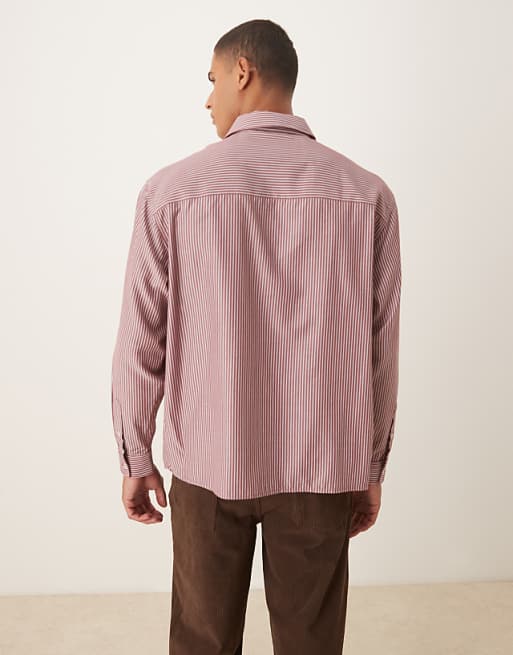 ASOS DESIGN Oversized Shirt With Floral Embroidery Detail In Burgundy Stripe Poplin