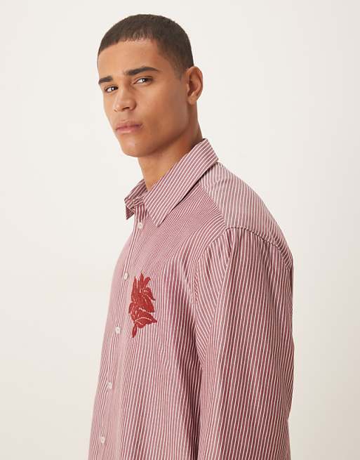 ASOS DESIGN Oversized Shirt With Floral Embroidery Detail In Burgundy Stripe Poplin