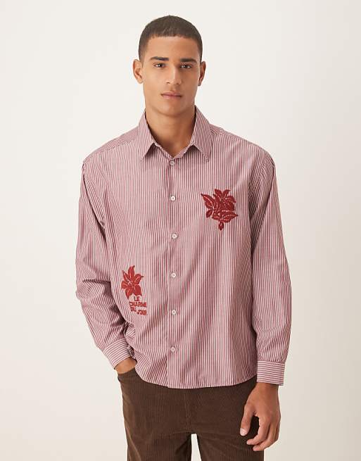 ASOS DESIGN oversized shirt with floral embroidery detail in burgundy stripe poplin