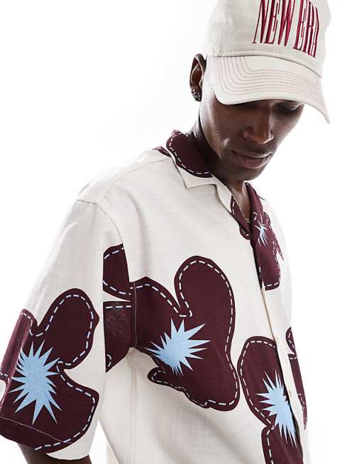 ASOS DESIGN Oversized Shirt With Half Sleeve In Cream Flower Print