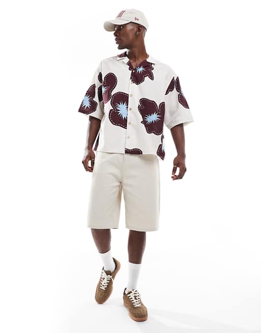 ASOS DESIGN Oversized Shirt With Half Sleeve In Cream Flower Print