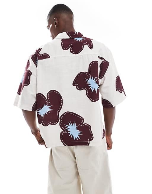 ASOS DESIGN Oversized Shirt With Half Sleeve In Cream Flower Print