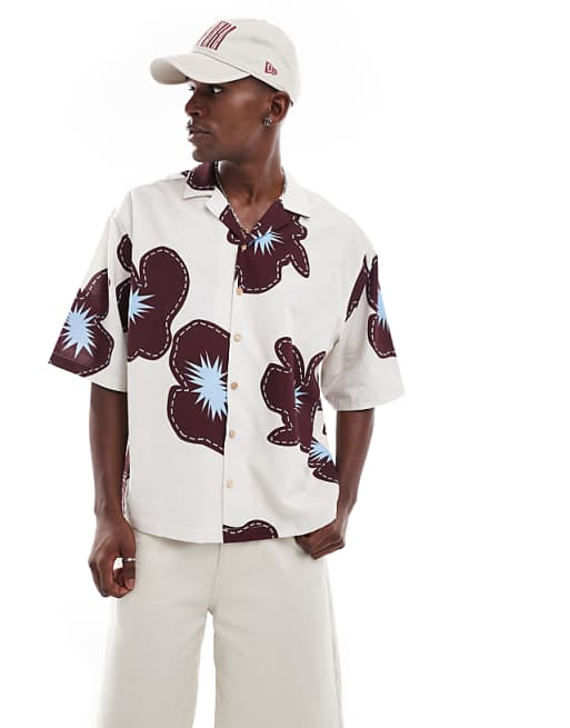 ASOS DESIGN oversized shirt with half sleeve in cream flower print