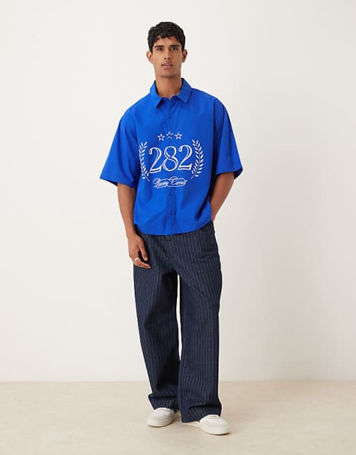 ASOS DESIGN Oversized Shirt With Print Detail In Blue