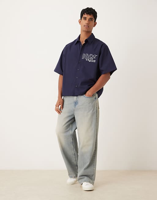 ASOS DESIGN Oversized Shirt With Print Detail In Navy