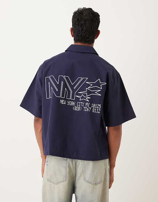 ASOS DESIGN Oversized Shirt With Print Detail In Navy