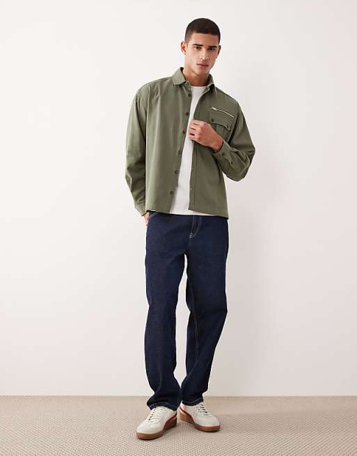 ASOS DESIGN Oversized Shirt With Zip Detail In Khaki Twill