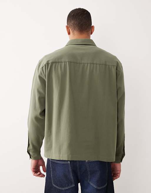 ASOS DESIGN Oversized Shirt With Zip Detail In Khaki Twill