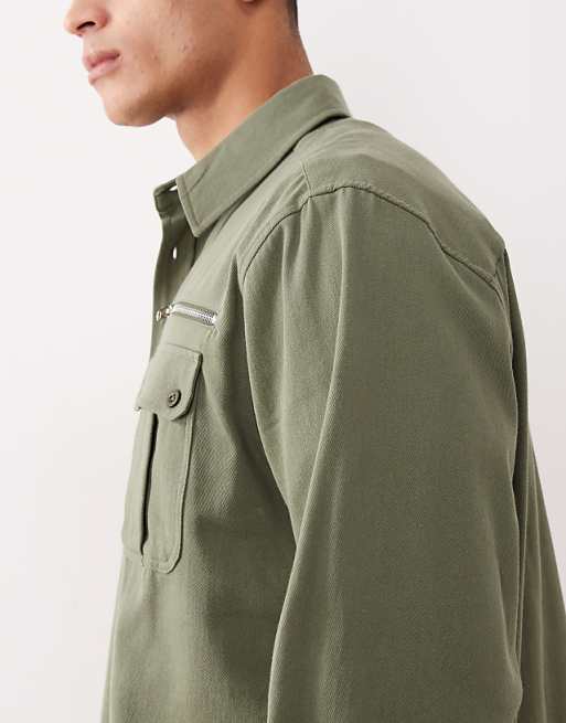 ASOS DESIGN Oversized Shirt With Zip Detail In Khaki Twill