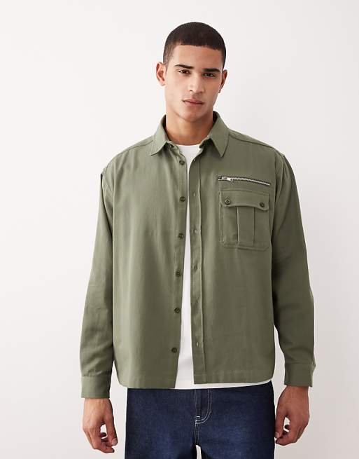 ASOS DESIGN oversized shirt with zip detail in khaki twill