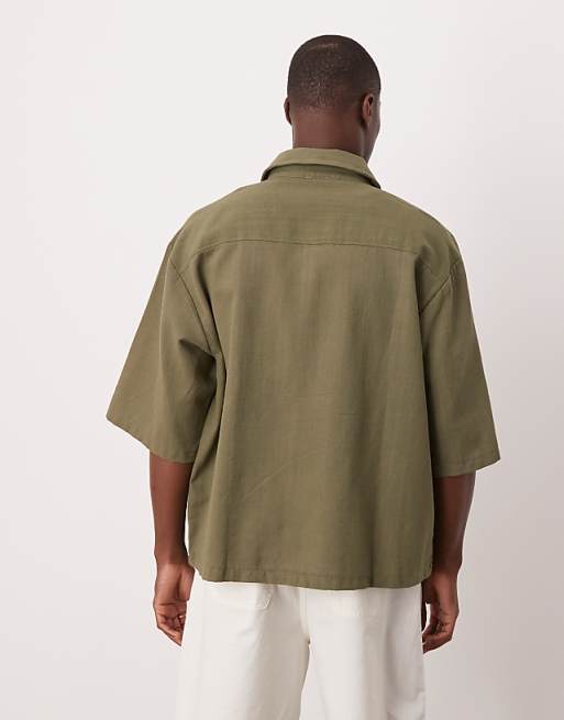 ASOS DESIGN Oversized Short Sleeved Shirt With Chest Embroidery Detail In Khaki Linen Look