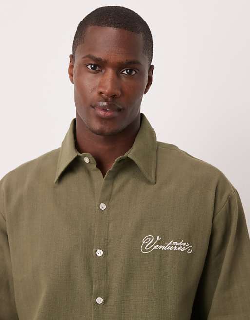 ASOS DESIGN Oversized Short Sleeved Shirt With Chest Embroidery Detail In Khaki Linen Look
