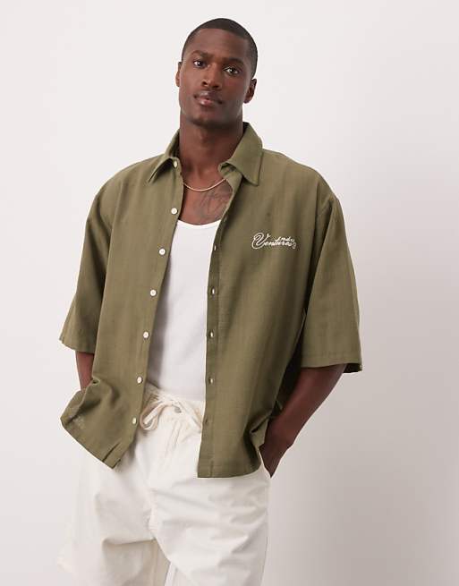 ASOS DESIGN oversized short sleeved shirt with chest embroidery detail in khaki linen look