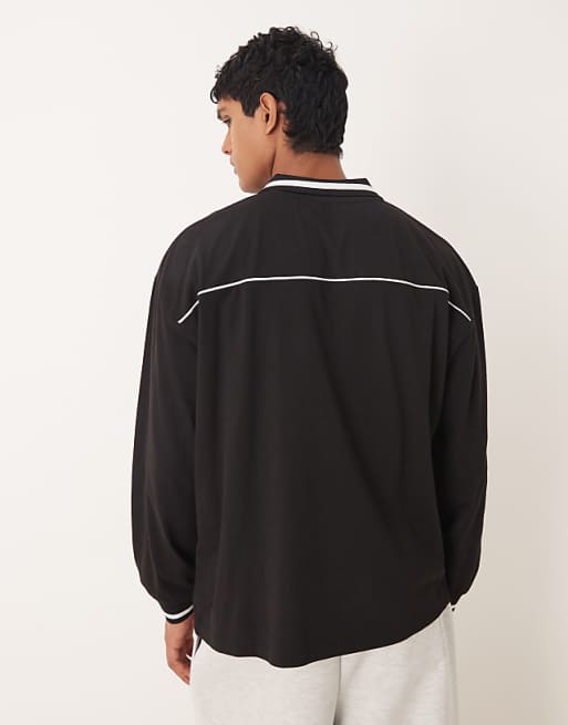 ASOS DESIGN Oversized Sports Polo With Piping Detail In Black