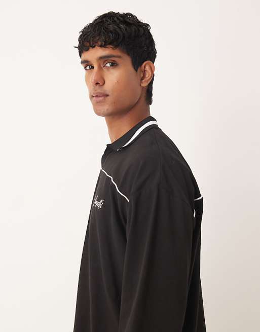ASOS DESIGN Oversized Sports Polo With Piping Detail In Black