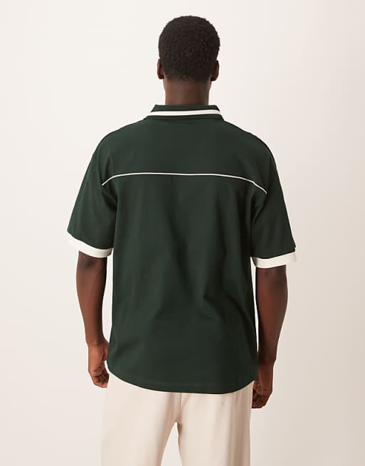 ASOS DESIGN Oversized Sports Polo With Piping Detail In Dark Green