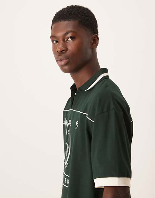 ASOS DESIGN Oversized Sports Polo With Piping Detail In Dark Green