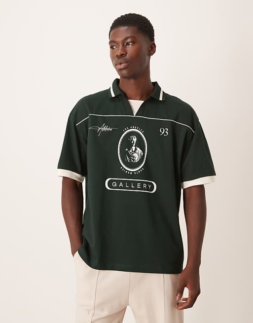 ASOS DESIGN oversized sports polo with piping detail in dark green ASOS DESIGN oversized sports polo with piping detail in dark green