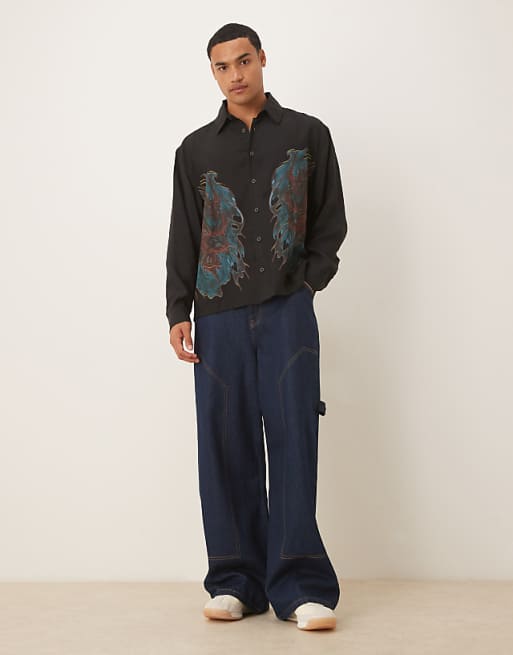 ASOS DESIGN Oversized Square Collar Shirt With Dragon Print In Black