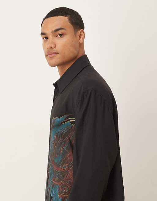 ASOS DESIGN Oversized Square Collar Shirt With Dragon Print In Black