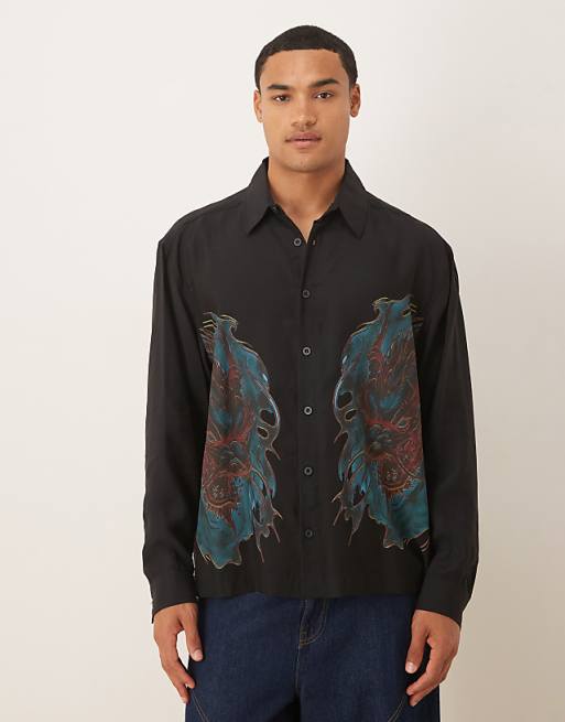 ASOS DESIGN oversized square collar shirt with dragon print in black