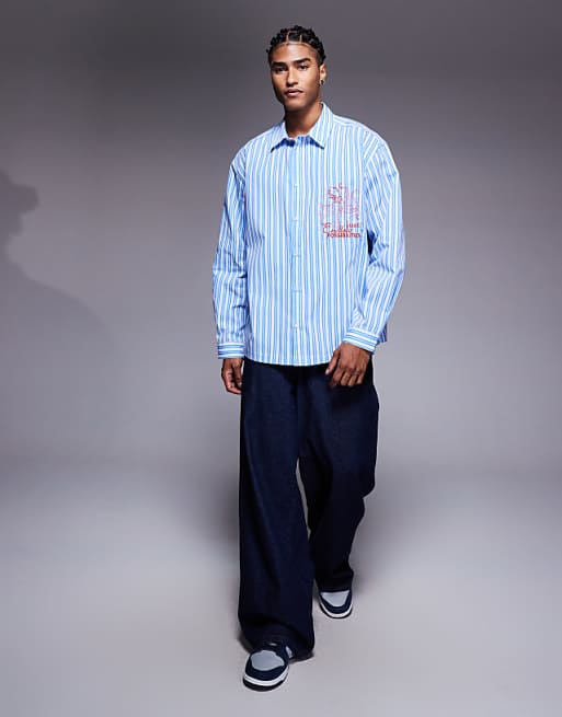 ASOS DESIGN Oversized Stripe Shirt With Chest Embroidery In Blue