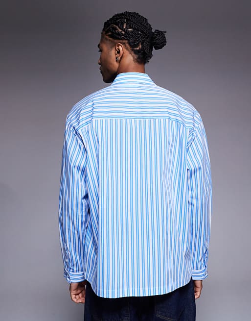 ASOS DESIGN Oversized Stripe Shirt With Chest Embroidery In Blue
