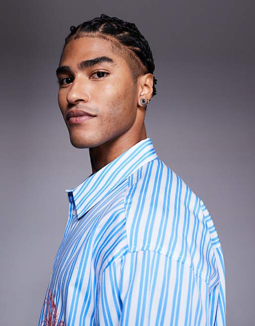 ASOS DESIGN Oversized Stripe Shirt With Chest Embroidery In Blue