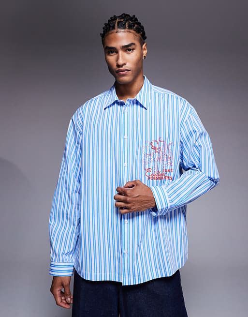 ASOS DESIGN oversized stripe shirt with chest embroidery in blue