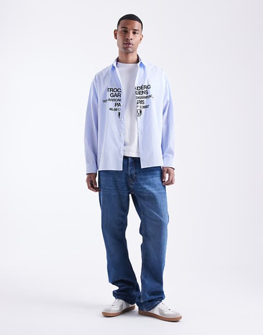 ASOS DESIGN Oversized Stripe Shirt With Chest Print In Blue