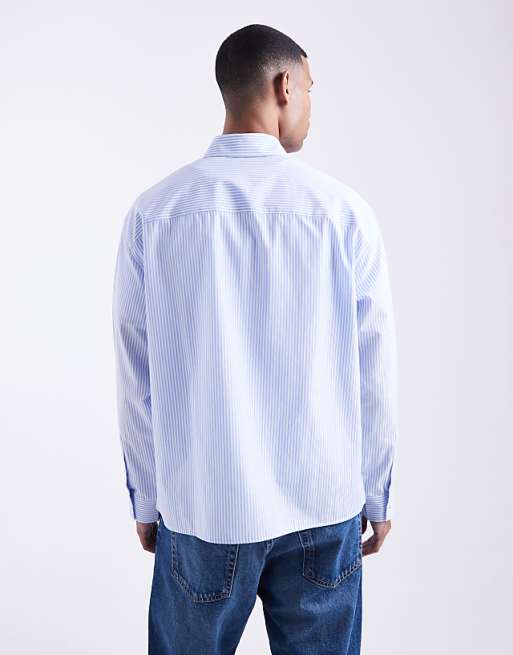 ASOS DESIGN Oversized Stripe Shirt With Chest Print In Blue