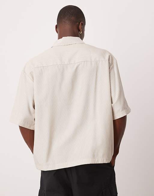 ASOS DESIGN Oversized Stripe Shirt With Embroidery In Beige