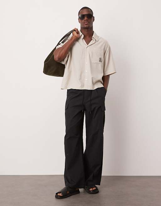 ASOS DESIGN Oversized Stripe Shirt With Embroidery In Beige