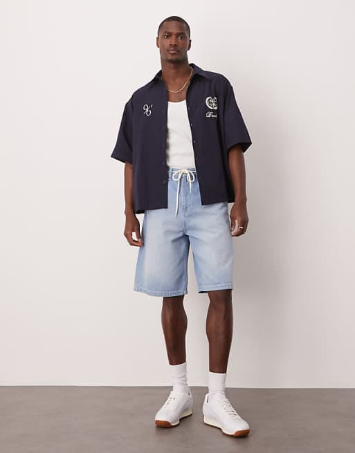 ASOS DESIGN Oversized Stripe Shirt With Embroidery In Navy