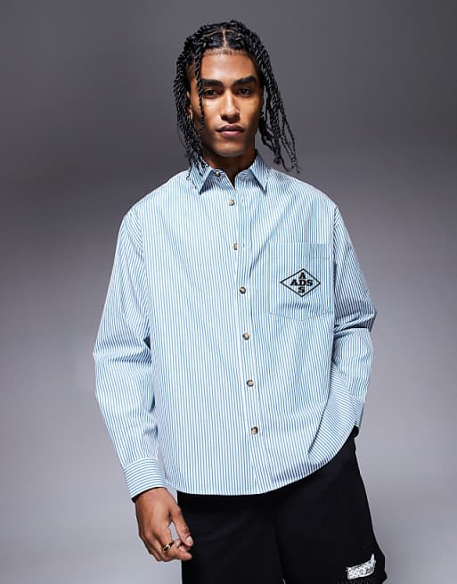 ASOS DESIGN oversized stripe shirt with embroidery in green