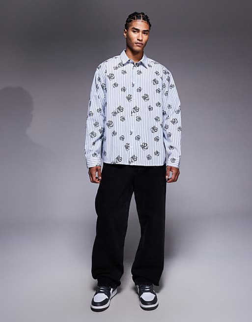 ASOS DESIGN Oversized Stripe Shirt With Floral Print In Blue