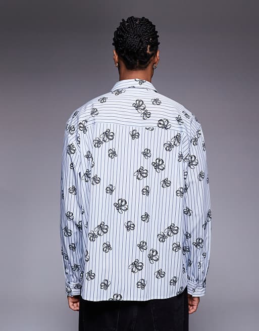 ASOS DESIGN Oversized Stripe Shirt With Floral Print In Blue