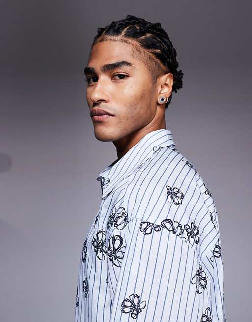 ASOS DESIGN Oversized Stripe Shirt With Floral Print In Blue