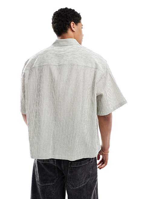 ASOS DESIGN Oversized Stripe Shirt With Half Sleeve In Green