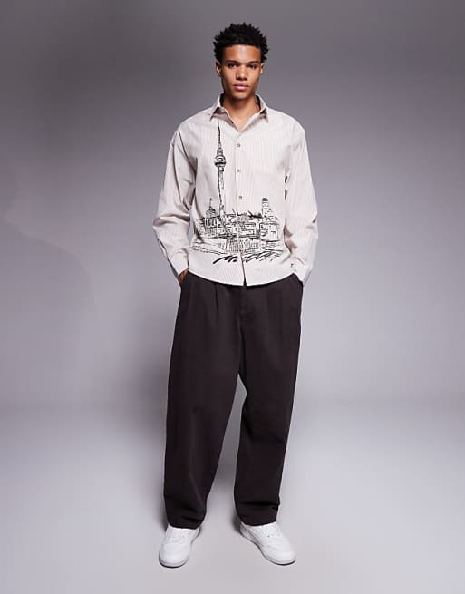 ASOS DESIGN Oversized Stripe Shirt With Landscape Print In Beige