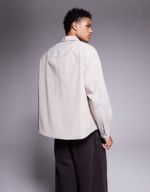 ASOS DESIGN Oversized Stripe Shirt With Landscape Print In Beige