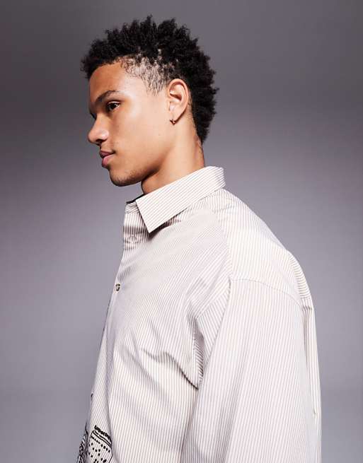 ASOS DESIGN Oversized Stripe Shirt With Landscape Print In Beige