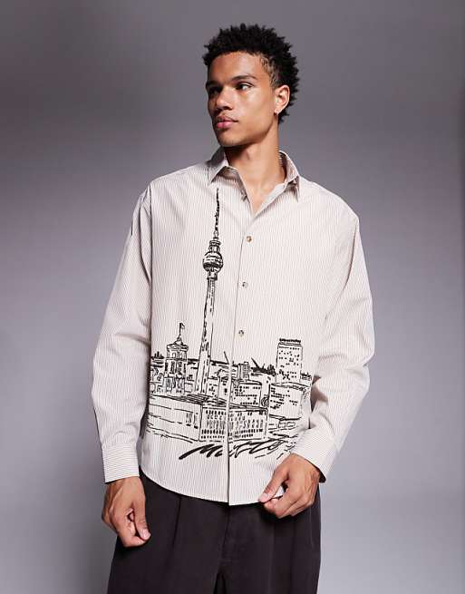 ASOS DESIGN oversized stripe shirt with landscape print in beige