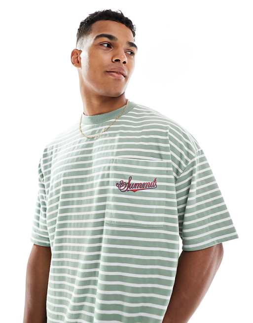 ASOS DESIGN Oversized Striped T-shirt With Chest And Back Print In Sage And White
