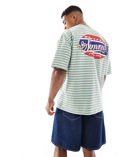 ASOS DESIGN Oversized Striped T-shirt With Chest And Back Print In Sage And White