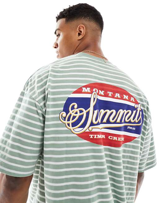 ASOS DESIGN oversized striped t-shirt with chest and back print in sage and white