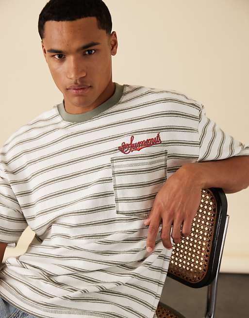 ASOS DESIGN oversized striped t-shirt with chest embroidery in black and white
